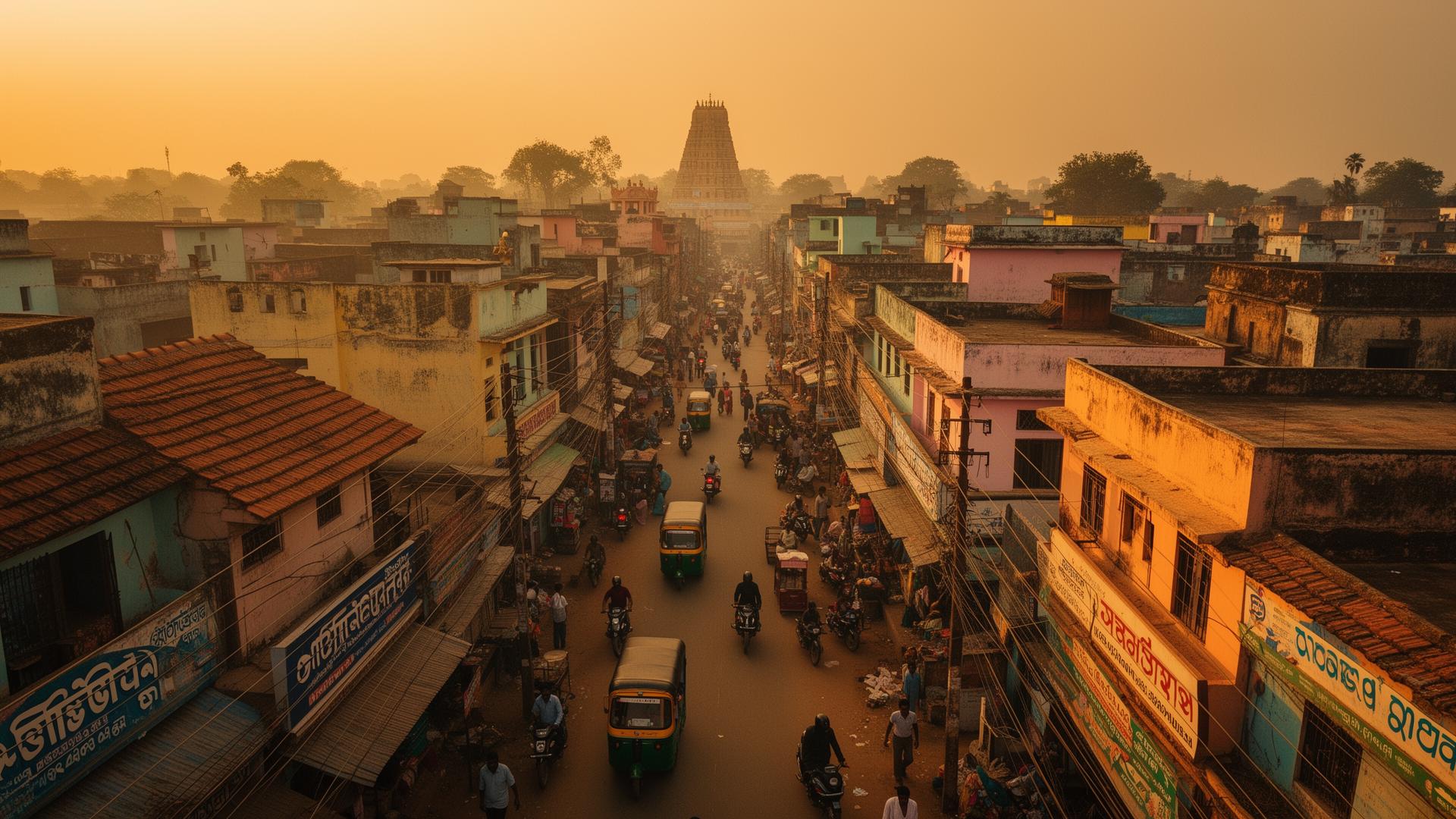 Aerial view of Berhampur at golden hour with temple gopuram in the distance